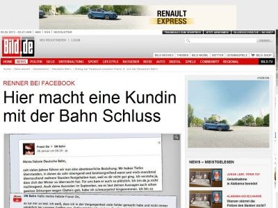 Bild zum Artikel: Renner im Netz - Kundin macht bei Facebook mit der Bahn Schluss