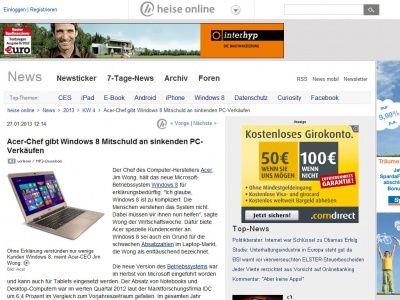 Bild zum Artikel: Acer-Chef gibt Windows 8 Mitschuld an sinkenden PC-Verkäufen