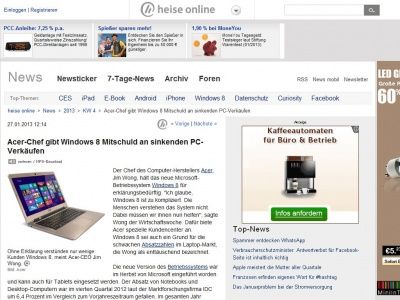 Bild zum Artikel: Acer-Chef gibt Windows 8 Mitschuld an sinkenden PC-Verkäufen