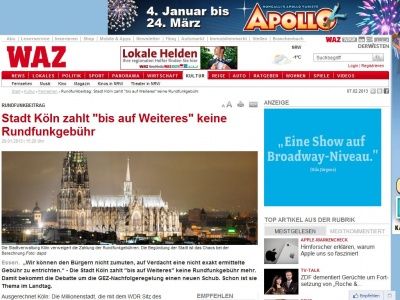 Bild zum Artikel: Rundfunkbeitrag: Stadt Köln zahlt 'bis auf Weiteres' keine Rundfunkgebühr
