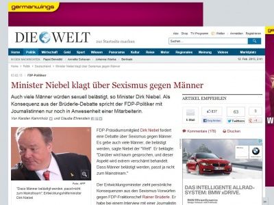 Bild zum Artikel: FDP-Politiker: Minister Niebel klagt über Sexismus gegen Männer