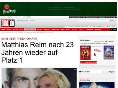 Bild zum Artikel: Ganz oben in den Charts - Matthias Reim nach 23 Jahren wieder Platz 1