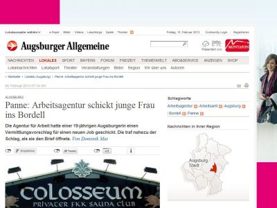 Bild zum Artikel: Augsburg: Panne: Arbeitsagentur schickt junge Frau ins Bordell