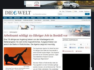 Bild zum Artikel: Stellenangebot: Arbeitsamt schlägt 19-Jähriger Job in Bordell vor