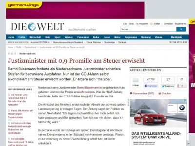 Bild zum Artikel: Niedersachsen: Justizminister mit 0,9 Promille am Steuer erwischt