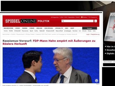Bild zum Artikel: Rassismus-Vorwurf: FDP-Mann Hahn empört mit Äußerungen zu Röslers Herkunft