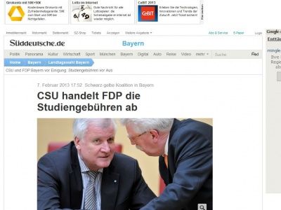 Bild zum Artikel: Schwarz-gelbe Koalition in Bayern: CSU handelt FDP die Studiengebühren ab