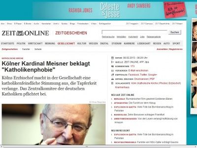 Bild zum Artikel: Katholische Kirche: 
			  Kölner Kardinal Meisner beklagt 'Katholikenphobie'