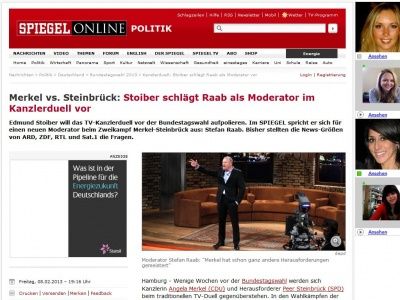 Bild zum Artikel: Merkel vs. Steinbrück: Stoiber schlägt Raab als Moderator im Kanzlerduell vor