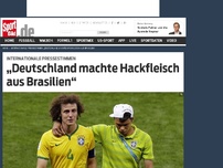 Bild zum Artikel: „Blitzkrieg – Deutschland massakriert Brasilien“ Nach dem historischen Debakel gegen die deutsche Mannschaft gehen die Medien weltweit hart mit den Brasilianern ins Gericht. Die internationalen Pressestimmen! »