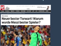 Bild zum Artikel: Neuer bester Torwart! Warum wurde Messi bester Spieler? Die eine Wahl war unstrittig – die andere merkwürdig: Neuer wurde verdient bester Torwart der WM, Messi bester Spieler – vor Müller und Robben. »