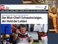 Bild zum Artikel: Der Blut-Chef! Schweinsteiger, der Held der Leiden In diesem Spiel wurden Helden geboren – und einer musste ganz besonders viel einstecken: Bastian Schweinsteiger, der Chef im deutschen Mittelfeld. »