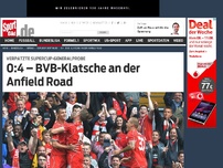 Bild zum Artikel: 0:4 – BVB-Klatsche an der Anfield Road Borussia Dortmund hat sich bei seinem Gastspiel in Liverpool in schwacher Form präsentiert und auch in der Höhe verdient mit 0:4 verloren. »