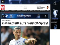 Bild zum Artikel: Zlatan pfeift aufs Freistoß-Spray! Kuriose Szene beim Achtelfinal-Hinspiel der Champions League zwischen PSG und Chelsea. Hauptdarsteller: Zlatan Ibrahimovic, David Luiz und das Freistoß-Spray. »