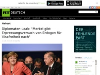 Bild zum Artikel: Diplomaten-Leak: 'Merkel gibt Erpressungsversuch von Erdogan für Visafreiheit nach'