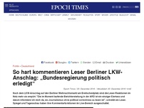 Bild zum Artikel: So hart kommentieren Leser Berliner LKW-Anschlag: „Bundesregierung politisch erledigt“