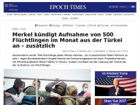 Bild zum Artikel: Merkel kündigt Aufnahme von 500 Flüchtlingen im Monat aus der Türkei an