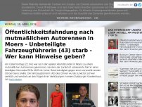 Bild zum Artikel: Öffentlichkeitsfahndung nach mutmaßlichem Autorennen in Moers - Unbeteiligte Fahrzeugführerin (43) starb - Wer kann Hinweise geben?