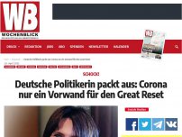 Bild zum Artikel: Deutsche Politikerin packt aus: Corona nur ein Vorwand für den Great Reset